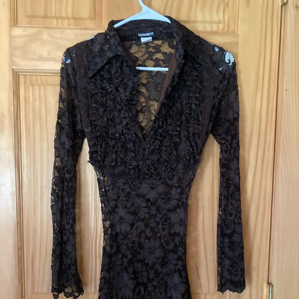 Brown Lace Collared see through mini deep V-neck Dress, XS